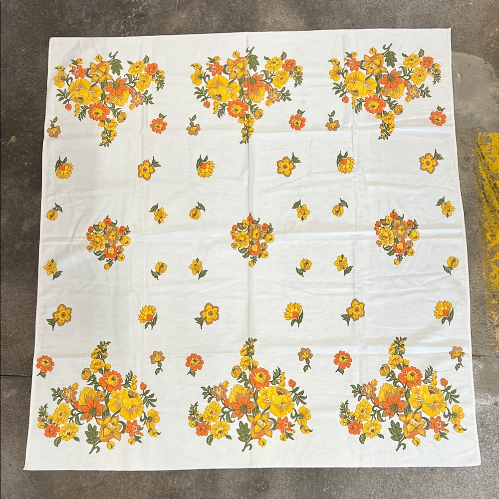 Vintage floral 52”X 48” squareish tablecloth yellow & oranges cotton Handmade
